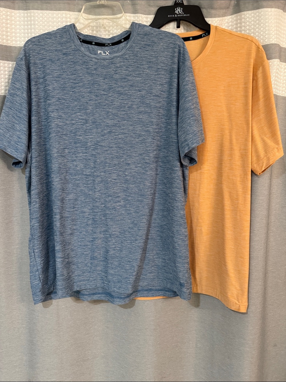 FLX Men's Short Sleeve Crew Tees in Heather Blue and Peach